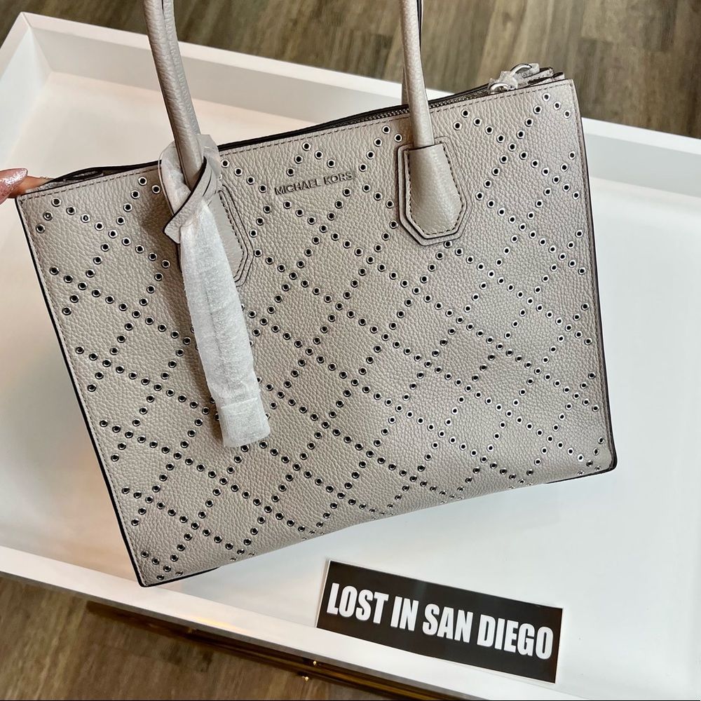 Grey Mercer Grommeted Pebbled Leather Tote Bag By Michael Kors - Picture 10 of 16
